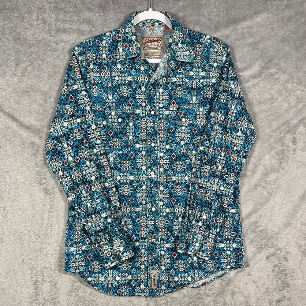 Rafter C Western Pearl Snap Shirt Mens Medium Blue Geometric Aztec